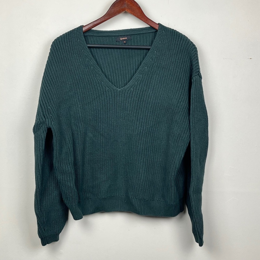 Quince Fisherman V-Neck Sweater M Dark Spruce Green Minimalist Quiet Luxury